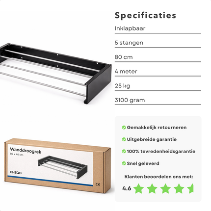 Cheqo® Wanddroogrek - Wanddroogrek Inklapbaar - Droogrek Muur - Muurdroogrek - Wanddroogrek Zwart - Inklapbaar Droogrek - Droogrek Aan Muur - Muur Droogrek Inklapbaar