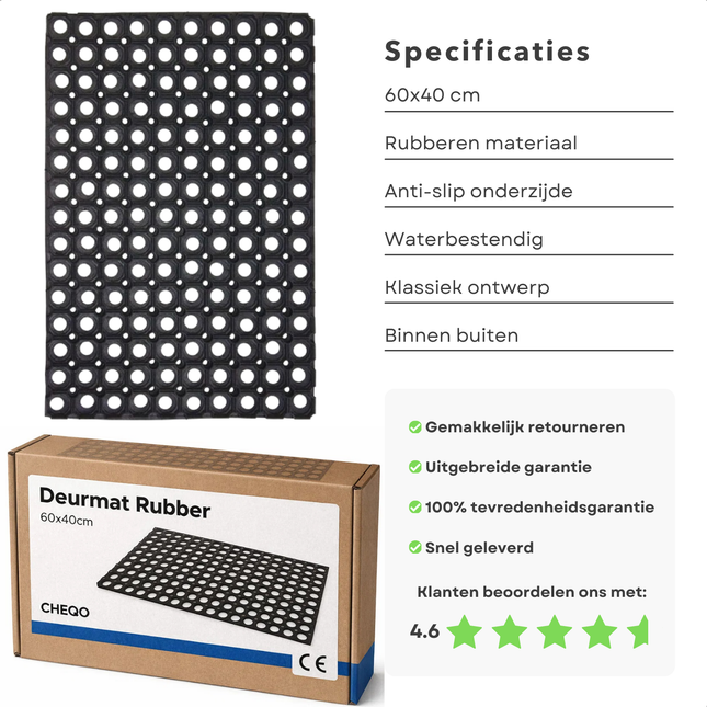 Cheqo® Rubberen Deurmat - Deurmat Rubber - Deurmat Buiten - Buitendeurmat - Deurmat Binnen - Deurmat Binnen en Buiten - Schraapmat - Deurmat Antislip - Waterbestendige Deurmat - Rubber Ringmat - Deurmat Zwart