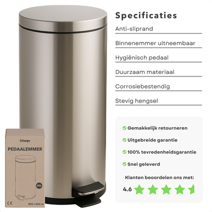 Cheqo® RVS Pedaalemmer 30L - Prullenbak - Afvalbak - Prullenmand - Vuilnisbak - Met Binnenemmer en Anti-slip