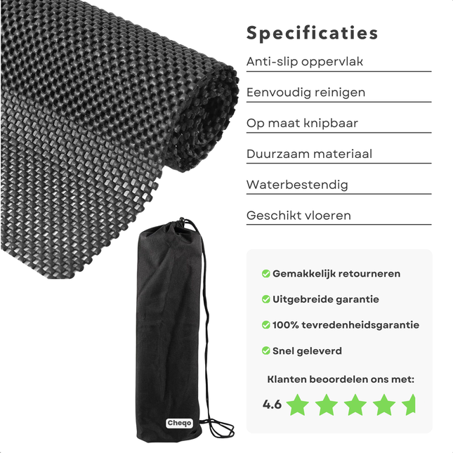 Cheqo® Antislipmat voor Kasten en Lades - Anti-Slipmat Zwart - Keuken Lade Bescherming - Duurzaam Materiaal