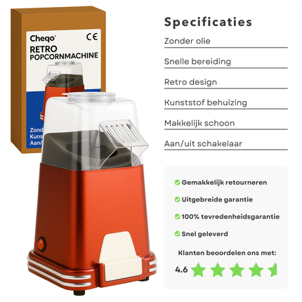 Cheqo® Hete Lucht Popcornmachine - Popcorn Machine - Zonder Olie - Olievrij - Retro Model - Snel Klaar - Gezonde Snack - Funcooking - Kunststof Behuizing - Popcorn Maken - Popcornmaker - Eenvoudig Schoon Te Maken