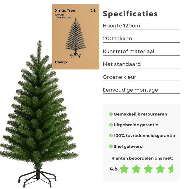Cheqo® Kunstkerstboom 120 Cm - Kerstboom Met Standaard - Kerstdecoratie Voor Binnen - Kerstboom Zonder Verlichting - Realistische Kerstboom - Kerstboom Voor Thuis - Kerstboom Voor Kantoor - Kerstboom Met 200 Takken - Kerstboom Groen