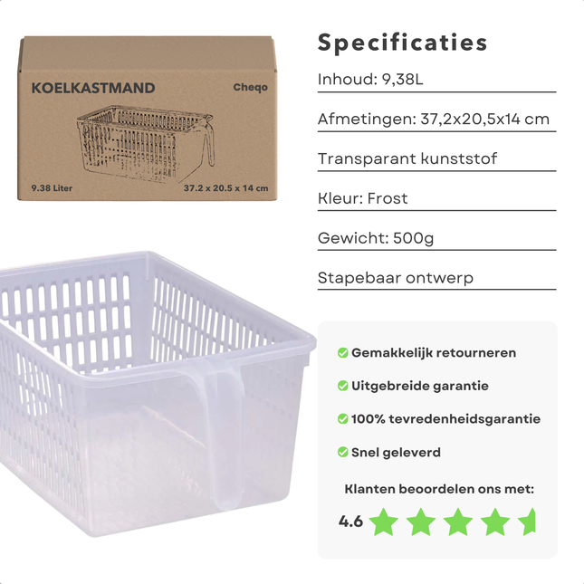Cheqo® Keukenkast Organizer - Keuken Organizer - Koelkast Organizer - Transparant - Handige Opbergmand - Mand
