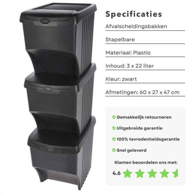 Cheqo® Set van 3 Stapelbare Recycle Prullenbakken - 22L/37x29xh33cm - 66L Totale Inhoud - 100cm Hoogte - Klep 20x12cm - Zwart - 90% Gerecycled - 4 Stickervels Afvalscheidingprullenbakken