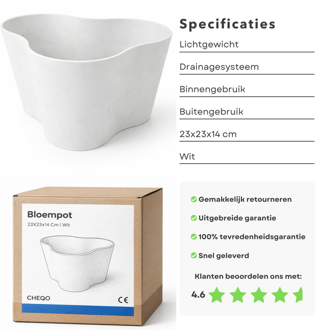 Cheqo® Bloempot Wit - Bloempot Rond - Bloempot Binnen - Bloempot Buiten - Bloempot met Afwatering - Bloempot met Drainage