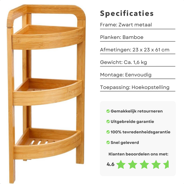 Bamboe hoekrek met drie lagen en zwart metalen frame voor badkameropslag, 4.6-sterrenbeoordeling, eenvoudig te monteren.