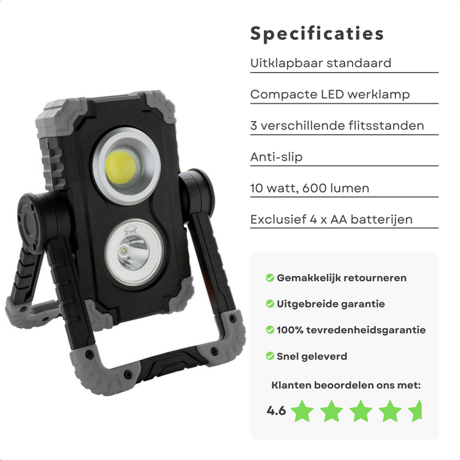 Cheqo® Compacte LED Werklamp - Helder Licht - Uitklapbaar Standaard - 600 Lumen - 5 uur Brandtijd - 10W - 3 Lichtinstellingen - Anti-Slip - Bouwlamp - Op Batterijen - Breedstraler - Waterbestendig - Duurzaam Bouwlampen