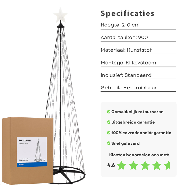Cheqo® LED Kerstboom Vlaggenmast - Vlaggenmast Verlichting - Warm Wit LED met Afstandsbediening - Kerstverlichting Buiten - Zwart Frame - 150 cm - IP44 Adapter - Binnen En Buiten - Metalen Frame - LED Kerstboom