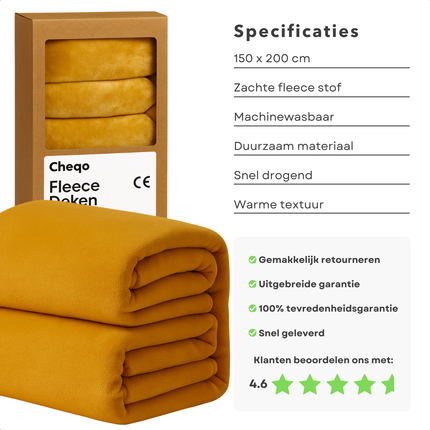 Cheqo® Fleece Deken - Geel - 150x200 cm - Super Zacht Materiaal - Woondecoratie Woonkamer - Polyester Fleece - Wasmachine Wasbaar - Dekentje voor Bank Of Bed - Stijlvolle Kleur - Deken - Plaid