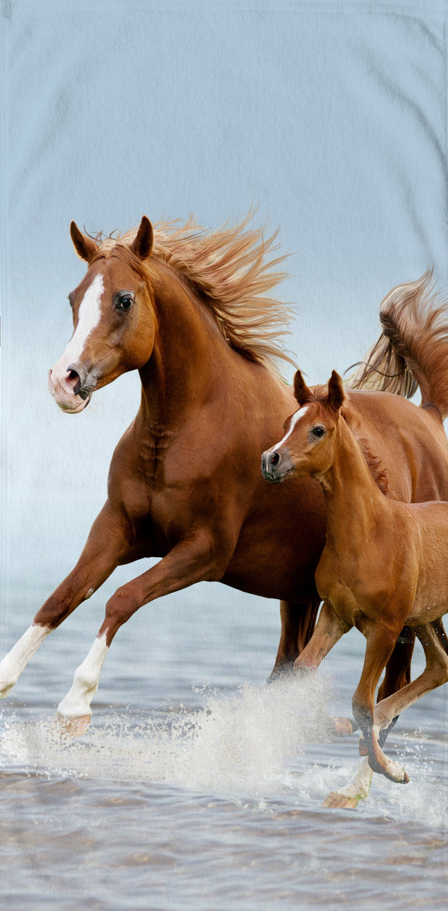 Strandlaken voor Kinderen - 75x150 cm - Paardenprint - Bruin/Blauw - Poly Velours - Good Morning