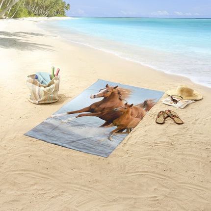 Strandlaken voor Kinderen - 75x150 cm - Paardenprint - Bruin/Blauw - Poly Velours - Good Morning