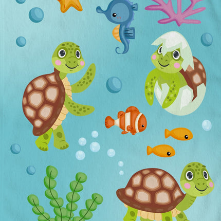 Strandlaken voor Kinderen - 75x150 cm - Zeedieren en Schildpadden Print - Blauw - Poly Velours