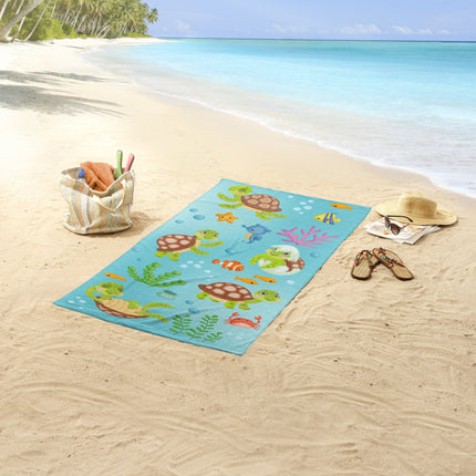 Strandlaken voor Kinderen - 75x150 cm - Zeedieren en Schildpadden Print - Blauw - Poly Velours