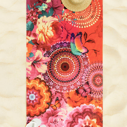 Strandlaken 100x180 cm - Bloemen en Vlinders Print - Rood/Oranje - Velours - Zacht en Absorberend