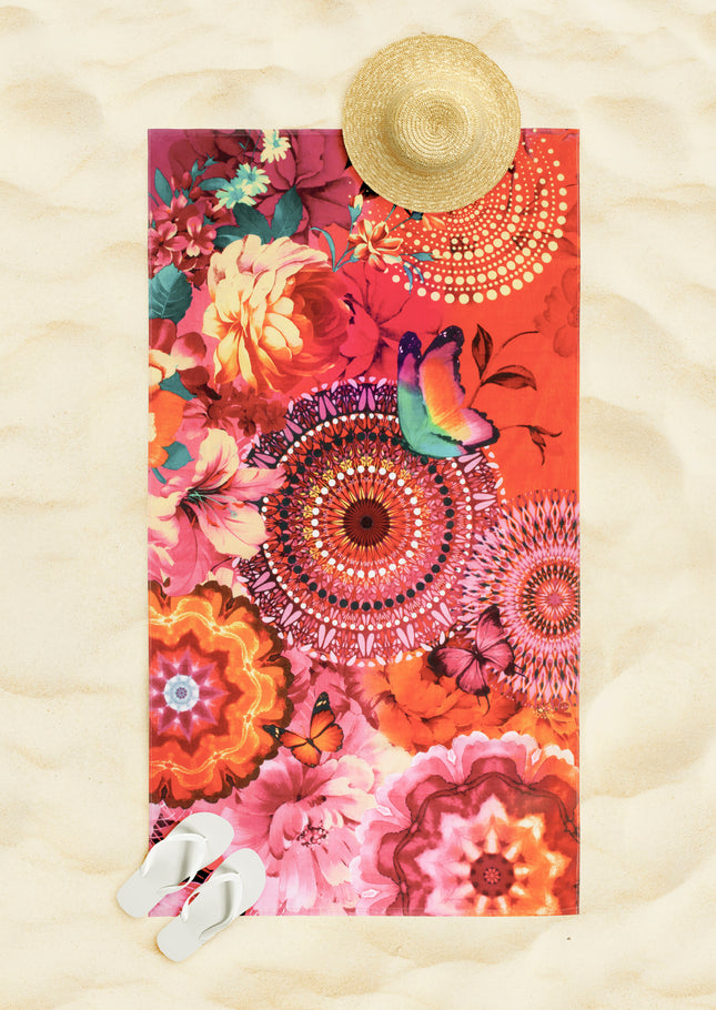 Strandlaken 100x180 cm - Bloemen en Vlinders Print - Rood/Oranje - Velours - Zacht en Absorberend