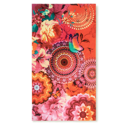 Strandlaken 100x180 cm - Bloemen en Vlinders Print - Rood/Oranje - Velours - Zacht en Absorberend