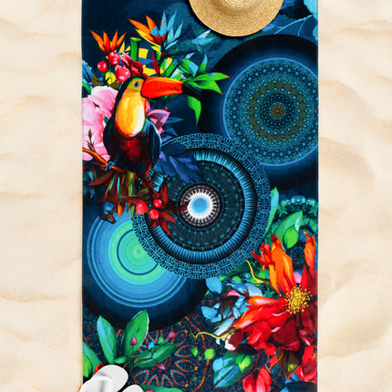 Strandlaken 100x180 cm - Tropische Toekan en Bloemen Print - Velours - Multicolor