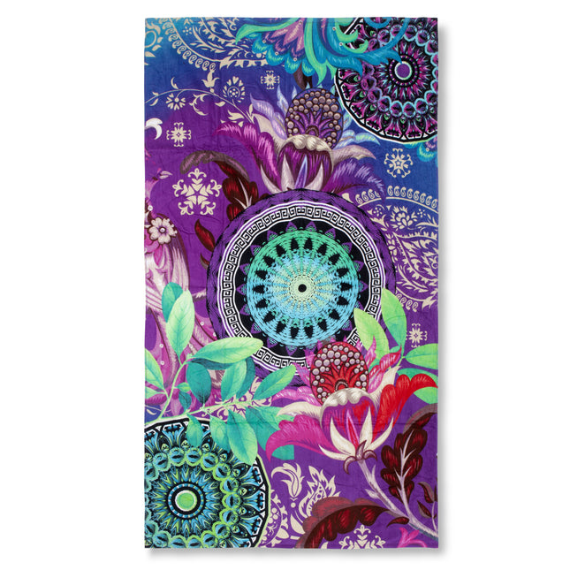 Velours Strandlaken 100x180 cm - Mandala en Bloemen Print - Paars/Blauw/Groen - 1 Persoons - HIP Design