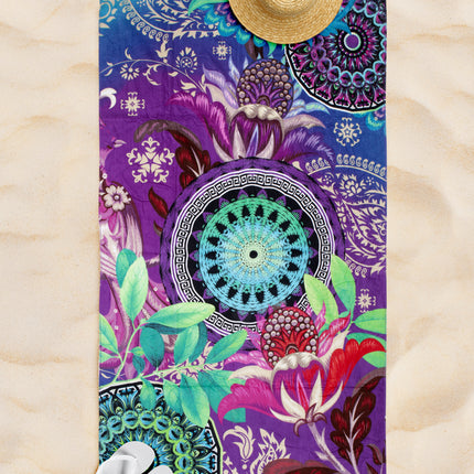 Velours Strandlaken 100x180 cm - Mandala en Bloemen Print - Paars/Blauw/Groen - 1 Persoons - HIP Design
