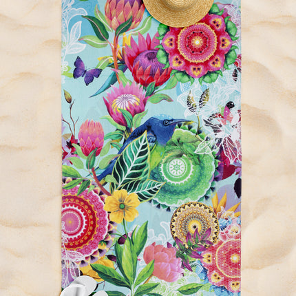 Velours Strandlaken 100x180 cm - Bloemen en Vogel Print - Multicolor - Zacht en Absorberend