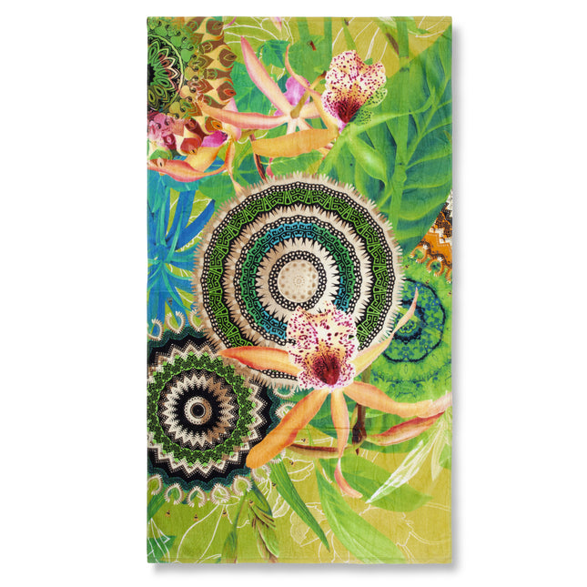 Velours Strandlaken 100x180 cm - Mandala en Tropische Bloemen Print - Groen/Multicolor - Zacht en Absorberend