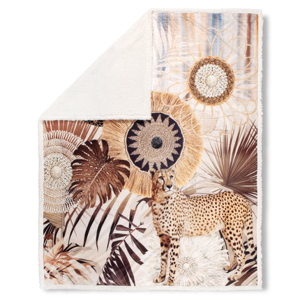 Luxe Plaid 130x160 cm - Cheetah en Tropische Bladeren Print - Taupe - Polyester - Voor 1 Persoon