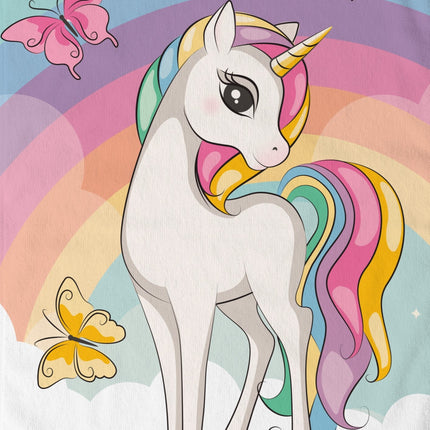 Strandlaken voor Kinderen 75x150 cm - Eenhoorn en Vlinders Print - Regenboog Kleuren - Poly Velours