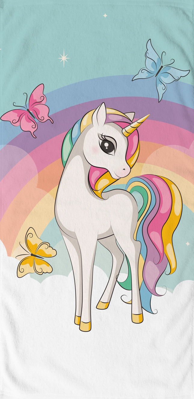 Strandlaken voor Kinderen 75x150 cm - Eenhoorn en Vlinders Print - Regenboog Kleuren - Poly Velours