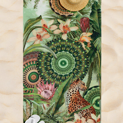 Strandlaken 100x180 cm - Tropisch Jungle Design met Luipaard en Bloemen - Groen - 1 Persoons - 100% Katoen