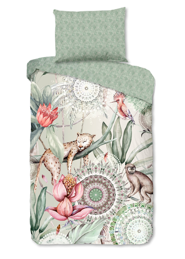 Luxe Satijnen Dekbedovertrek 140x200 cm - Tropische Dieren en Mandala's Print - Multi - 1 Persoons - 100% Katoen-Satijn