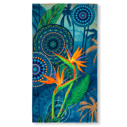 Strandlaken 100x180 cm - Tropisch Bloemen en Mandala Print - Blauw/Oranje - 100% Katoen