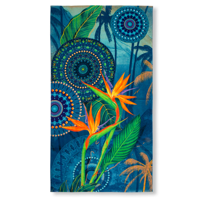 Strandlaken 100x180 cm - Tropisch Bloemen en Mandala Print - Blauw/Oranje - 100% Katoen