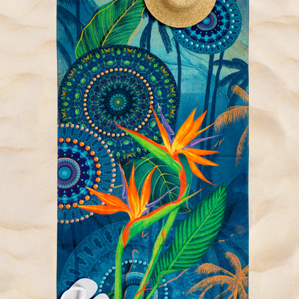 Strandlaken 100x180 cm - Tropisch Bloemen en Mandala Print - Blauw/Oranje - 100% Katoen