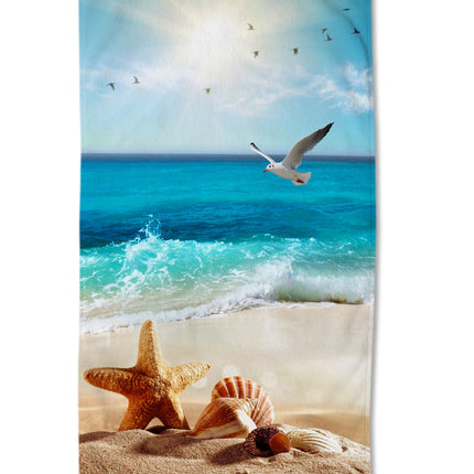Strandlaken voor Kinderen 100x180 cm - Zeeleven Print met Zeemeeuwen en Schelpen - Multi - Oeko-Tex Gecertificeerd - Good Morning