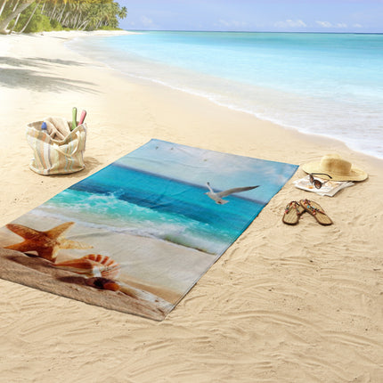 Strandlaken voor Kinderen 100x180 cm - Zeeleven Print met Zeemeeuwen en Schelpen - Multi - Oeko-Tex Gecertificeerd - Good Morning