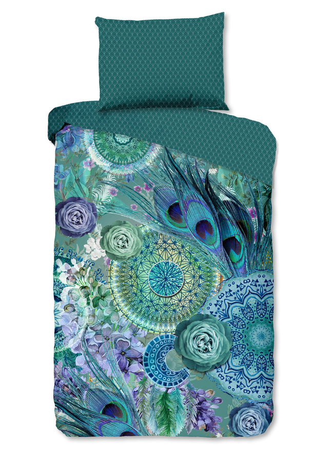 Luxe Satijnen Dekbedovertrek 140x200 cm - Mandala's en Pauwenveren Print - Groen - 1 Persoons - 100% Katoen-Satijn