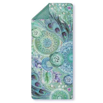 Strandlaken 75x180 cm - Pauwenveren en Mandala Print - Groen - Polyvelvet - Voor Sport & Reizen