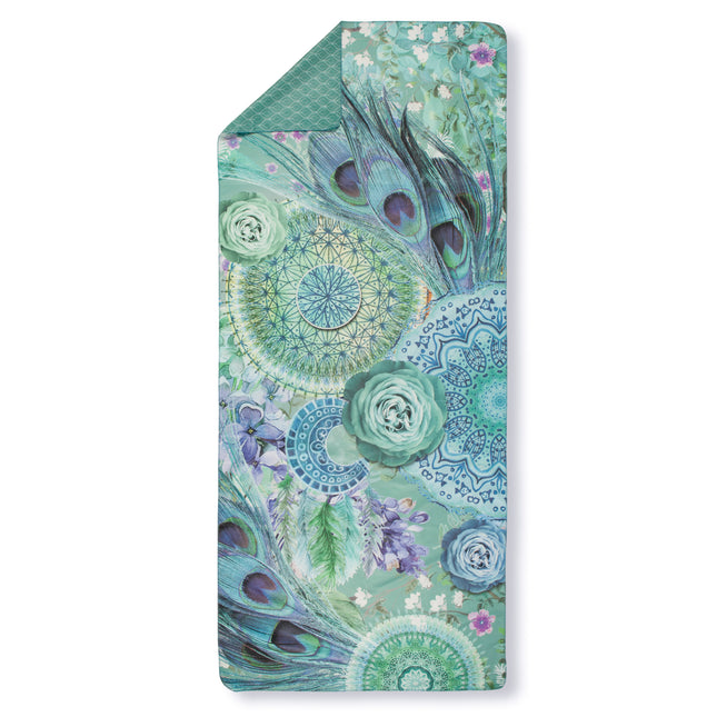 Strandlaken 75x180 cm - Pauwenveren en Mandala Print - Groen - Polyvelvet - Voor Sport & Reizen