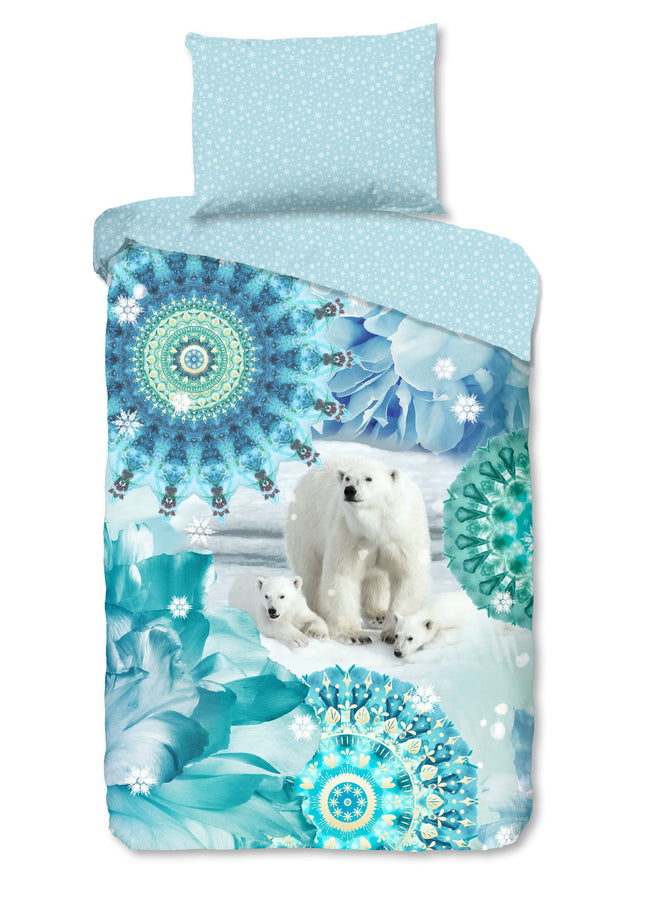 Dekbedovertrek 140x200 cm - IJsberen en Mandala's Print - Blauw - 1 Persoons - 100% Katoen Flanel