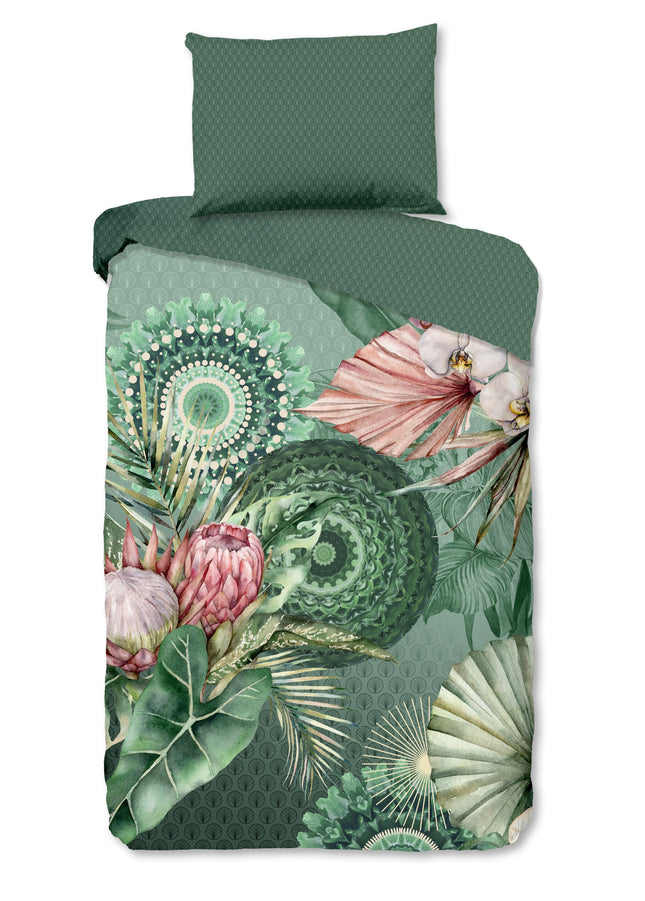 Dekbedovertrek 140x200 cm - Mandala's en Bloemen Print - Groen/Roze - 1 Persoons - 100% Katoen Flanel