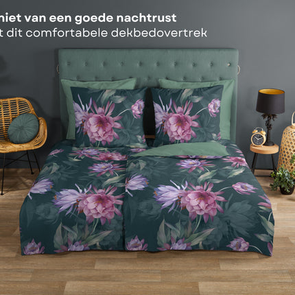 Dekbedovertrek 135x200 cm - Bloemenprint - Donkergroen/Paars/Roze - 1 Persoons - 100% Katoen - Oeko-Tex Gecertificeerd