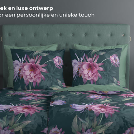 Dekbedovertrek 135x200 cm - Bloemenprint - Donkergroen/Paars/Roze - 1 Persoons - 100% Katoen - Oeko-Tex Gecertificeerd