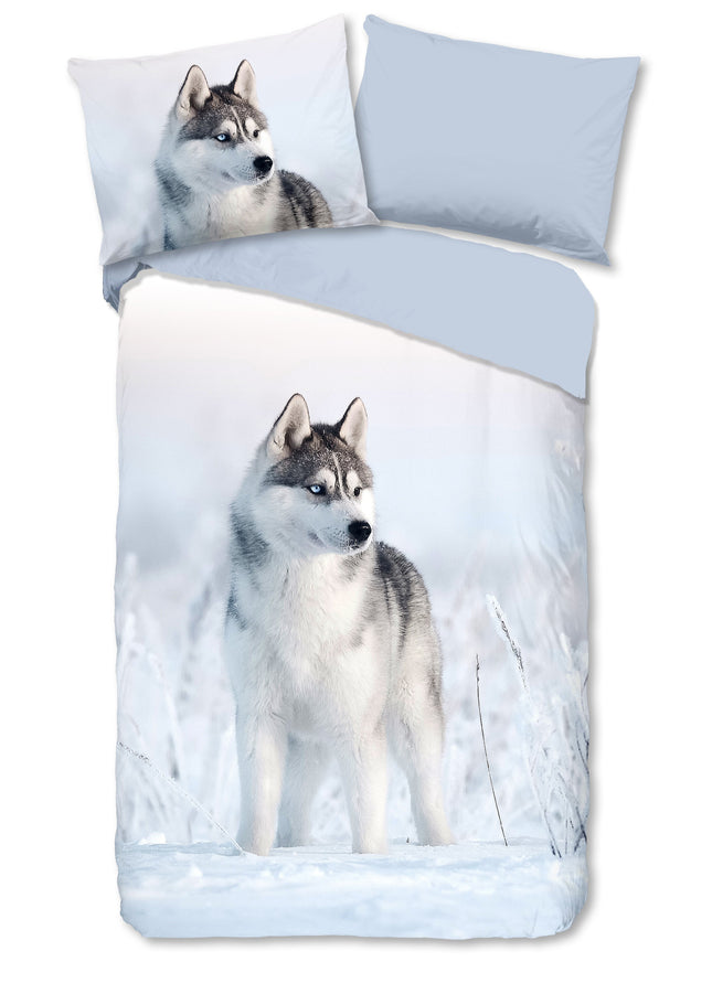 Dekbedovertrek voor Kinderen - 140x200 cm - Husky Hond Print - Blauw - 1 Persoons - 100% Katoen