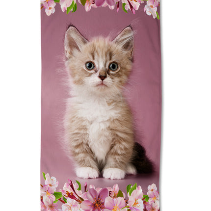Strandlaken voor Kinderen - 75x150 cm - Schattige Kat en Bloemen Print - Roze - Poly Velours