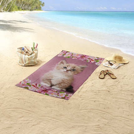 Strandlaken voor Kinderen - 75x150 cm - Schattige Kat en Bloemen Print - Roze - Poly Velours