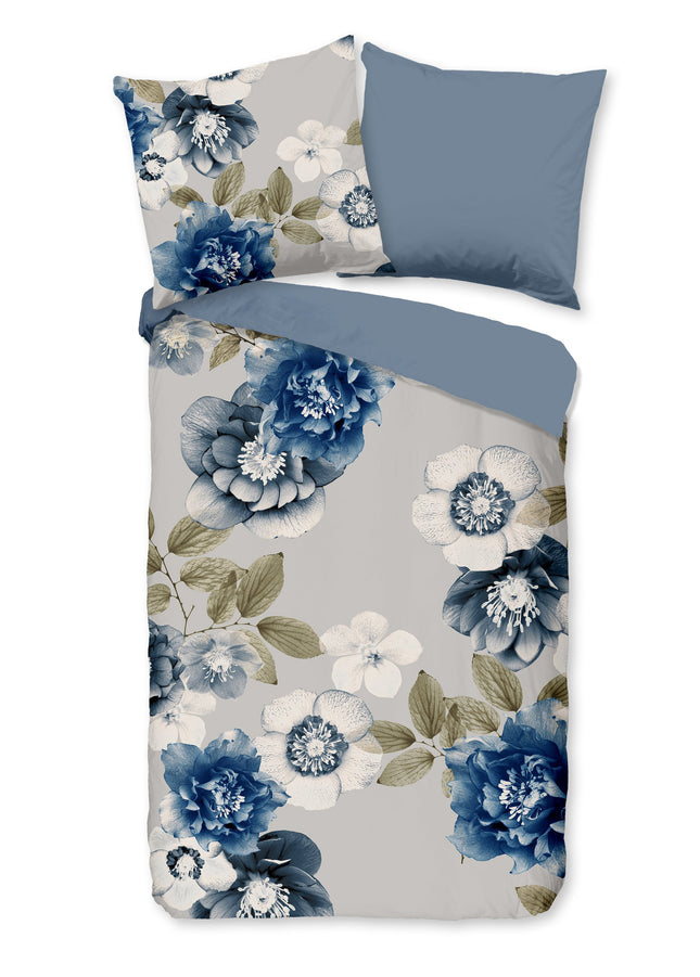 Flanellen Dekbedovertrek 155x220 cm - Blauwe Bloemen Print - Grijs - 1 Persoons - 100% Katoen Flanel