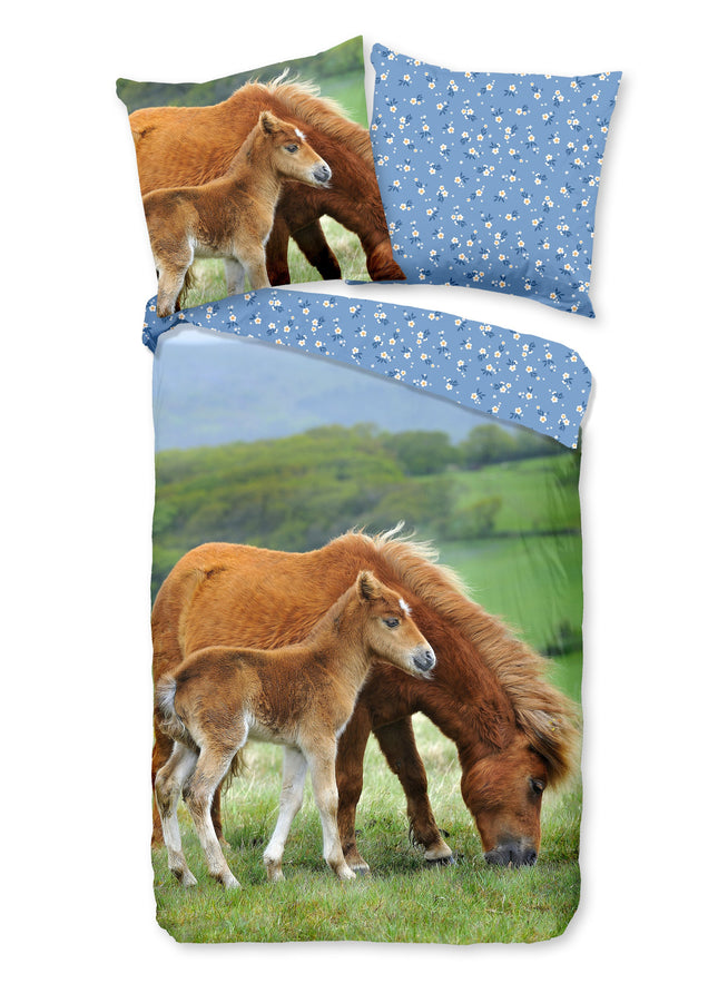 Dekbedovertrek voor Kinderen - 135x200 cm - Paarden en Bloemen Print - Blauw - 1 Persoons - 100% Katoen