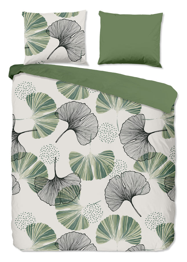 Dekbedovertrek 240x220 cm - Ginkgo Bladeren Print - Groen/Zwart - 2 Persoons - 100% Katoen