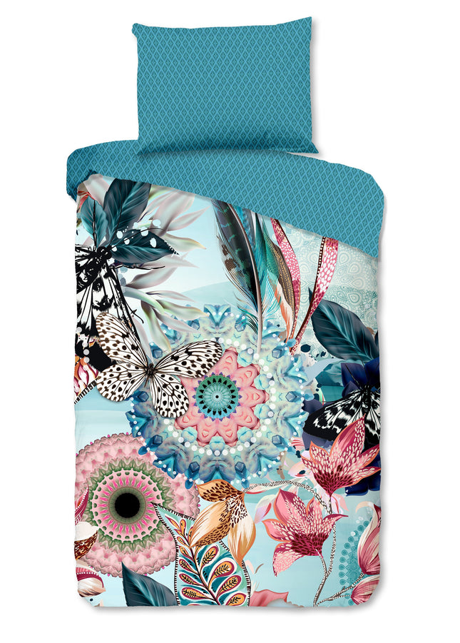 Luxe Satijnen Dekbedovertrek 140x200 cm - Mandala's en Bloemen Print - Aqua - 1 Persoons - 100% Katoen-Satijn
