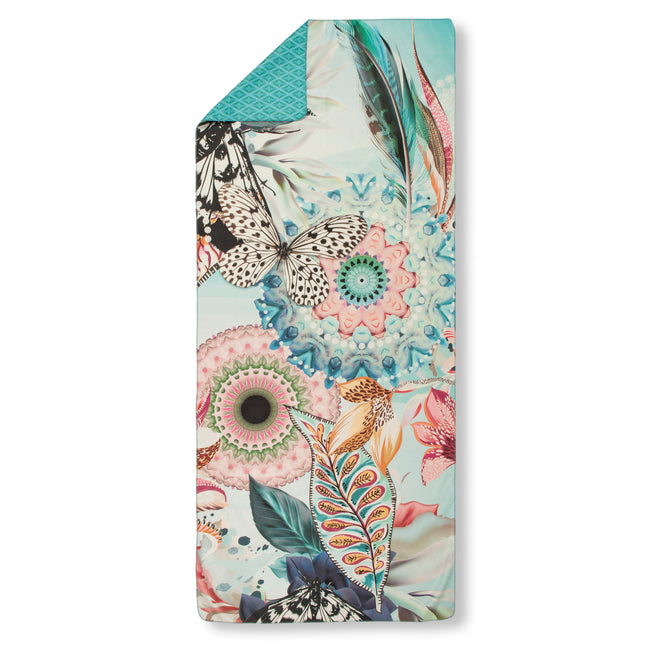 Strandlaken 75x180 cm - Vlinder en Bloemen Print - Aqua - Polyvelvet - Voor Sport & Reizen